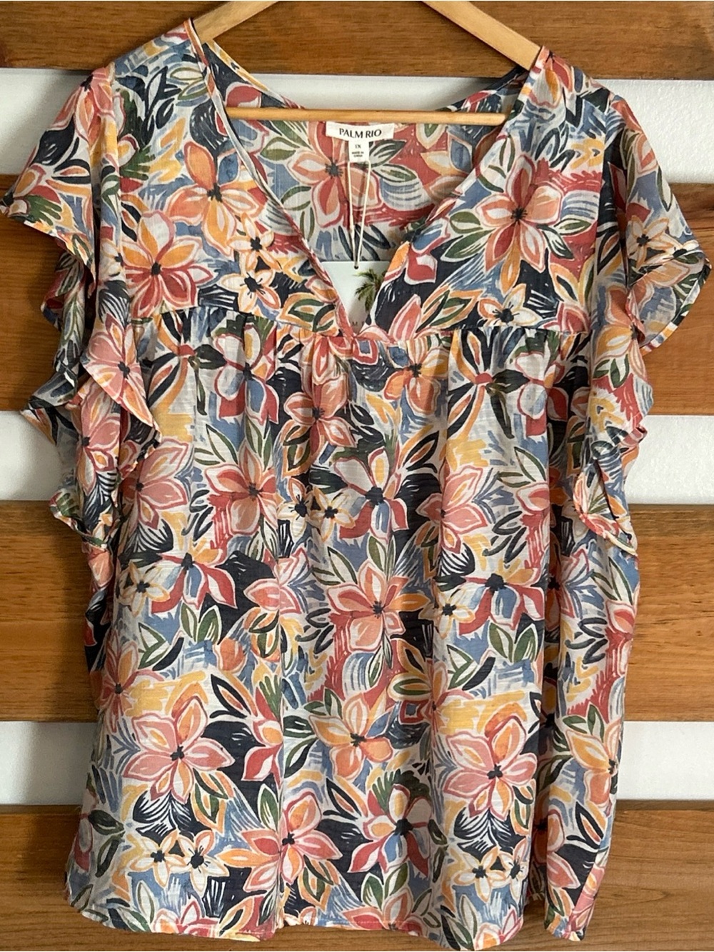 NWT Palm Rio Sheer Ruffle Sleeve Shoulder Cap Floral Chic Blouse Women's Size 1X
